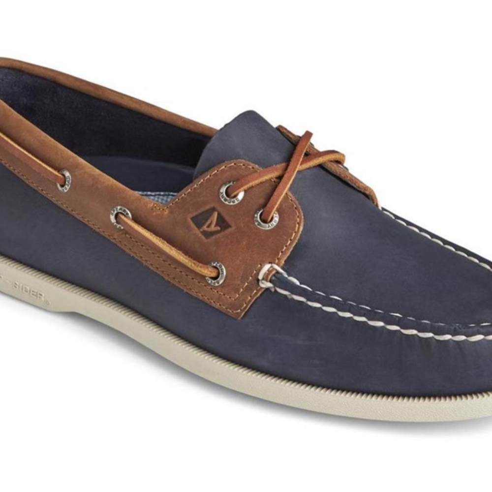 Sperry Blue and Brown Boat Shoes with Rawhide Laces